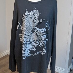 Elegant Black Long Sleeve Top with Silver Fish Design